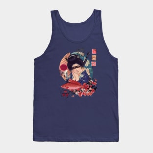 Collage Geisha Samurai in Coral, Indigo and Marsala Tank Top